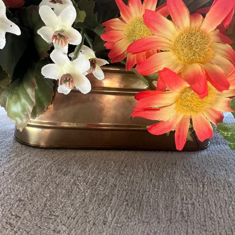 Vtg Large Artificial Floral Arrangement Orange Yellow Silk Flowers Brass Planter